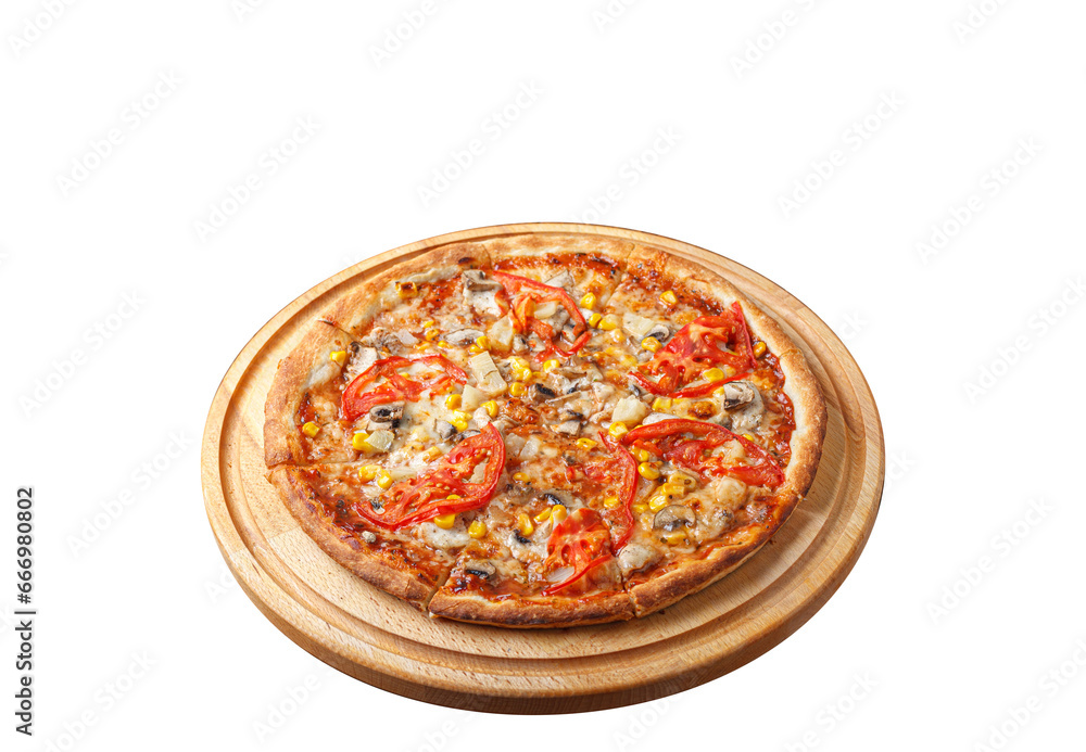 delicious pizza with chicken, mushrooms, cheese, tomatoes and corn on a wooden background, on an isolated white background close-up