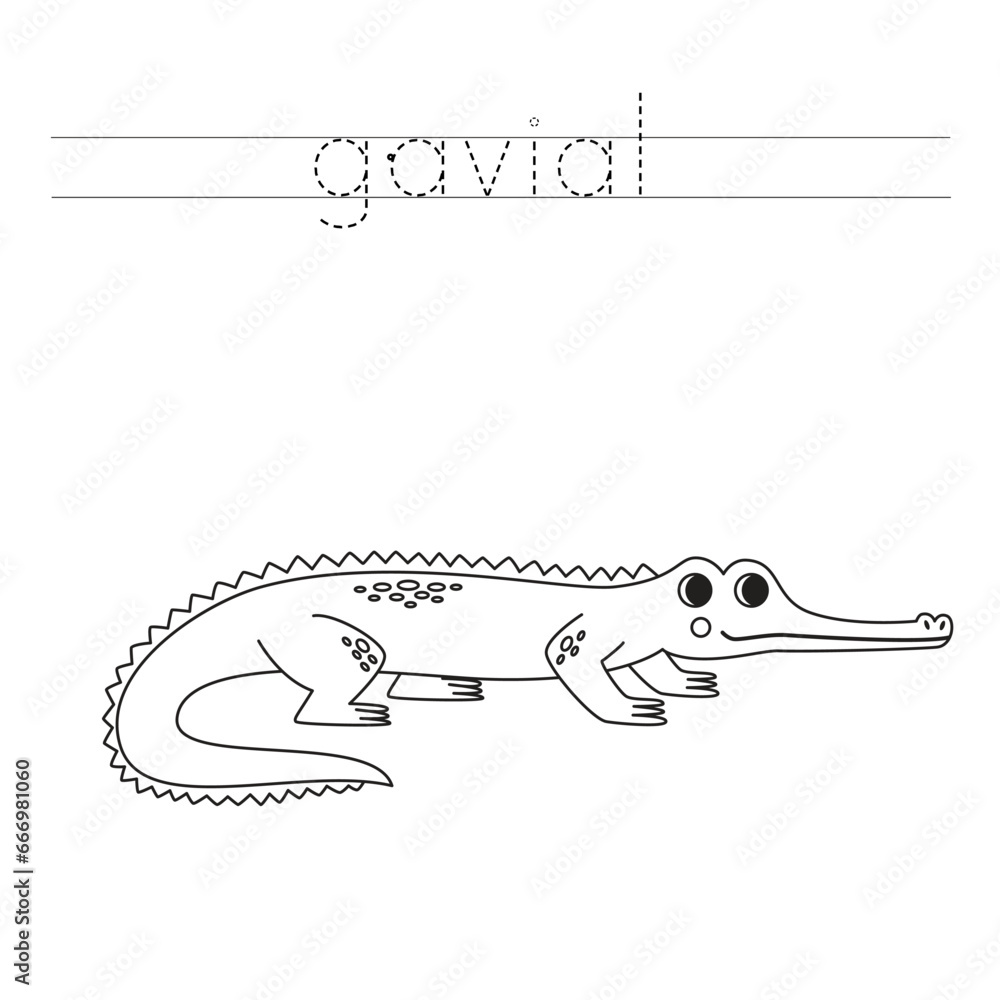 Fototapeta premium Trace the letters and color cartoon gavial. Handwriting practice for kids.