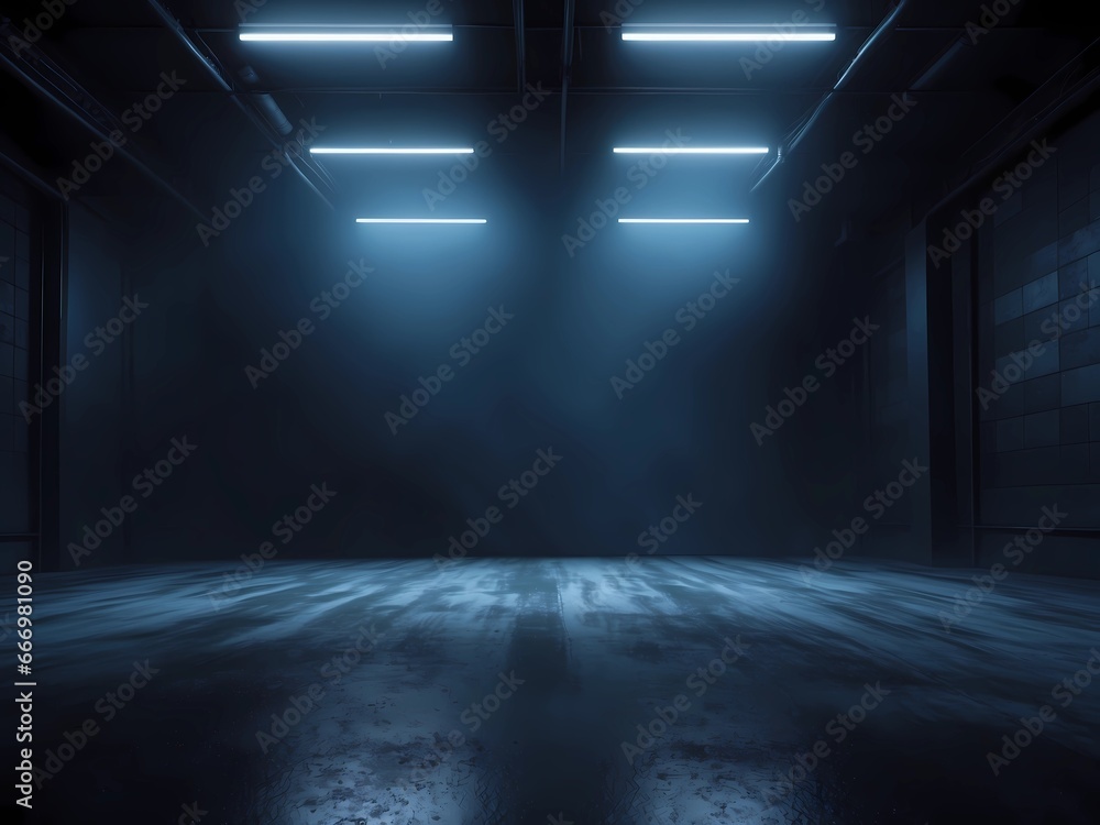 A dark empty street, dark blue background, an empty dark scene, neon light, spotlights The asphalt floor and studio room with smoke float up the interior texture, Generative AI