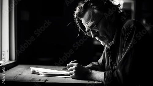 An intimate black-and-white portrait of a poet immersed in writing capturing the depths of their creative process. photo