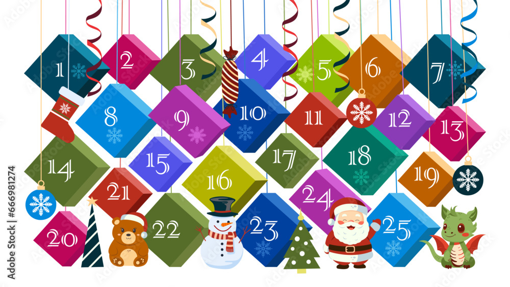 Fototapeta premium Advent calendar. Small, bright, colorful hanging boxes with gifts.