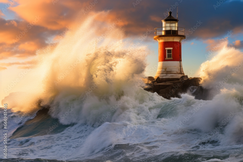 A lighthouse, painted white with a red base and a black top, standing steadfast on a rocky shore. Waves crashes against the lighthouse and the surrounding rocks, sunset, guidance, nature’s raw power