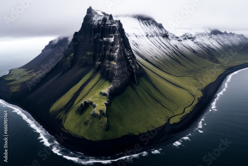 Aerial view of a mountainous island with a dramatic coastline. The island is covered in green grass and has steep cliffs, dark ocean with white waves crashing against the shore, fog