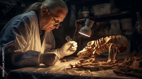Women forensic anthropologists examining animal bones in a lab, focusing on physical evidence, archaeology, and scientific research.