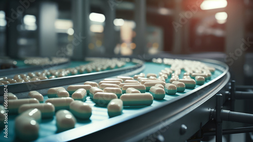 Close-up of a conveyor belt in the production of tablets and vitamins. Pharmaceutical industry concept. photo