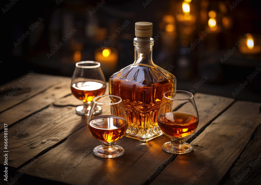 Brandy cognac decanter with glasses on table with candles background.Macro.AI Generative Brandy cognac decanter with glasses on table with candles background.Macro.AI Generative