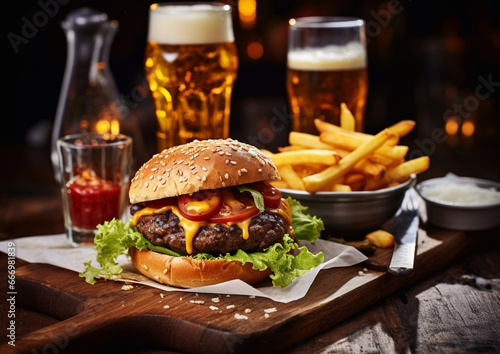 Beef burger meal with french fries and lager beer on wooden background.Macro.AI Generative.