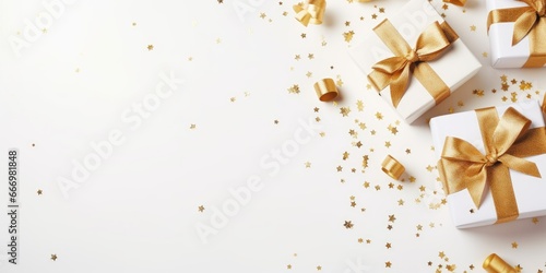 Gift box flat top view. Festive background view from above gold gift box. Christmas and New Year background. Holiday Xmas banner, web poster