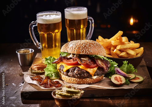 Tasty burger with bacon and cheese with fries and beer glasses on wooden board.Macro.AI Generative