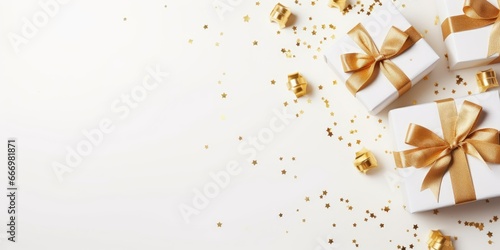 Gift box flat top view. Festive background view from above gold gift box. Christmas and New Year background. Holiday Xmas banner, web poster