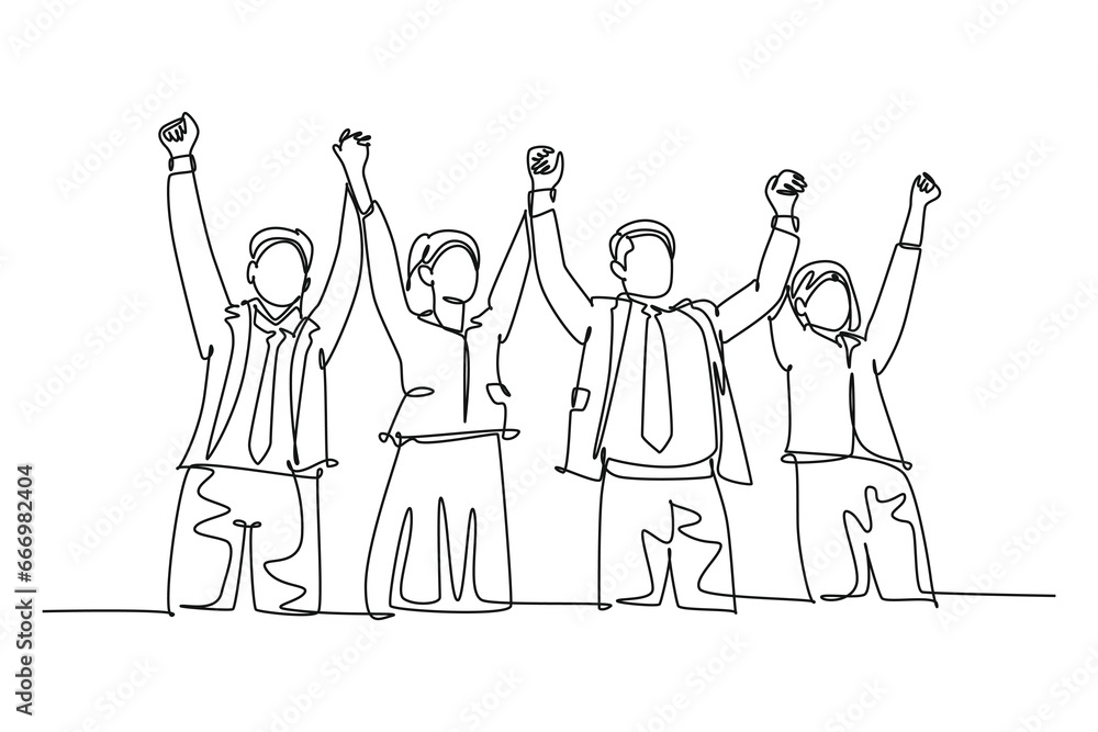 Single continuous line drawing of group of male manager and female manager hold hands each other to celebrate their success win tender. Team work goal. One line draw graphic design vector illustration Single continuous line drawing of group of male manager and female manager hold hands each other to celebrate their success win tender. Team work goal. One line draw graphic design vector illustration
