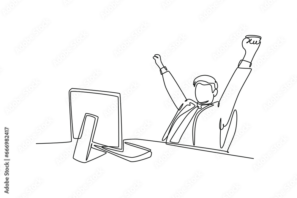 Continuous one line drawing of young happy male manager sitting on chair and clenched fist raised in the air in front of computer. Success business deal. Single line design vector graphic illustration Continuous one line drawing of young happy male manager sitting on chair and clenched fist raised in the air in front of computer. Success business deal. Single line design vector graphic illustration