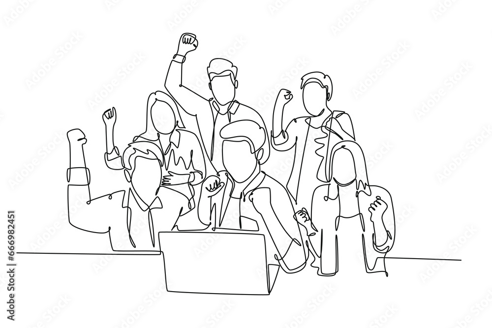 Single continuous line drawing of young happy business man and business woman sitting in front of laptop and celebrating their success. Team work goal. One line draw graphic design vector illustration Single continuous line drawing of young happy business man and business woman sitting in front of laptop and celebrating their success. Team work goal. One line draw graphic design vector illustration
