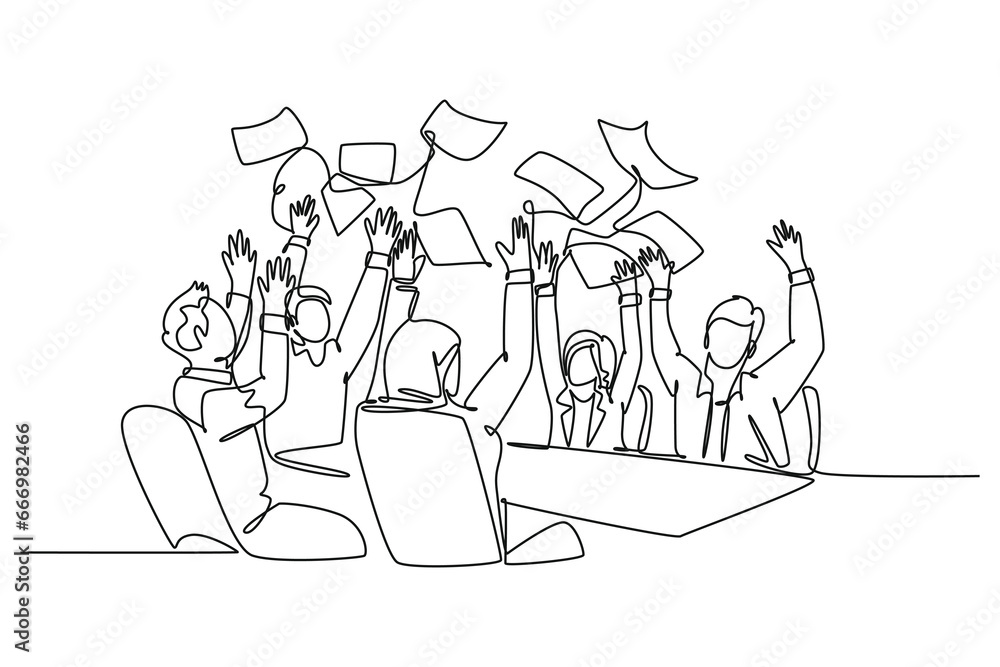 Single continuous line drawing of young male and female stockbroker celebrate their success win on the stock exchange. Stock exchange business concept. One line draw graphic design vector illustration Single continuous line drawing of young male and female stockbroker celebrate their success win on the stock exchange. Stock exchange business concept. One line draw graphic design vector illustration