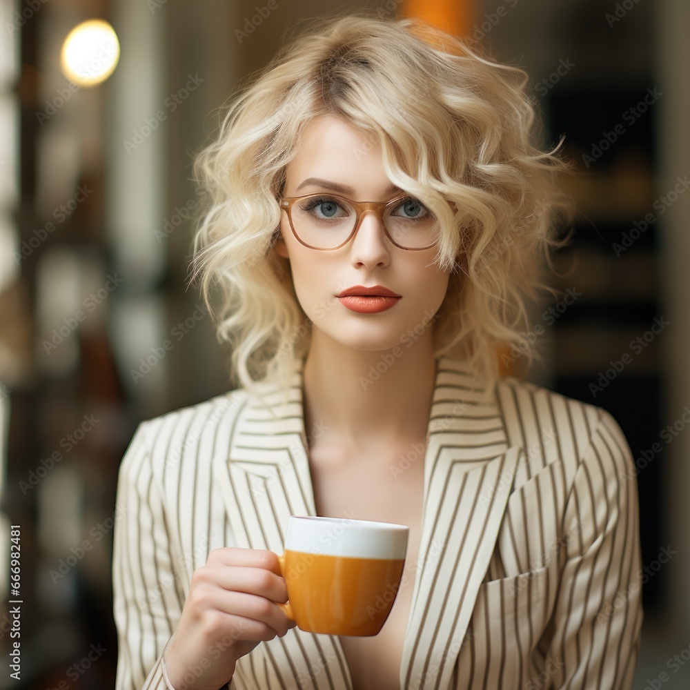 A stylish lady in glasses, her hair wild and free, holds a steaming cup of coffee, exuding a sense of calm and comfort in her indoor portrait A stylish lady in glasses, her hair wild and free, holds a steaming cup of coffee, exuding a sense of calm and comfort in her indoor portrait
