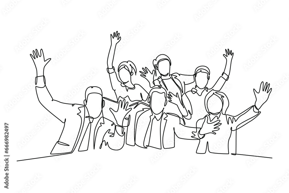 Single one line drawing of young happy business man and business woman celebrate their success to deal new business agreement. Business meeting. Continuous line draw design graphic vector illustration - obrazy, fototapety, plakaty 