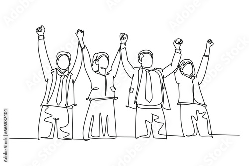 Single continuous line drawing of group of male manager and female manager hold hands each other to celebrate their success win tender. Team work goal. One line draw graphic design vector illustration