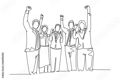 Single continuous line drawing of young happy male and female worker raise their hands up to the sky together. Business teamwork celebration. Dynamic one line draw graphic design vector illustration