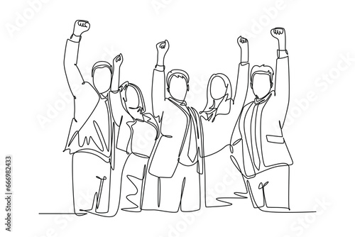 Single continuous line drawing group of male manager and female manager celebrating their success achieve the business target. Team work goal concept. One line draw graphic design vector illustration