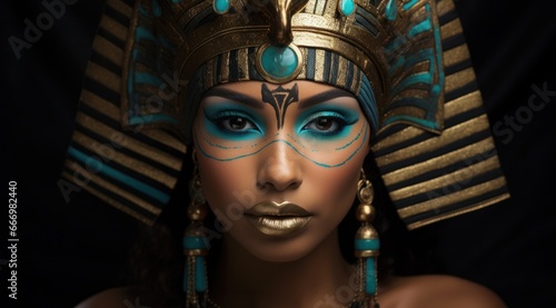 An ethereal woman, frozen in time, adorned in a regal egyptian garment of gold and blue, beckons the viewer to explore the depths of her art and the mysteries of her person © mockupzord
