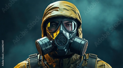 A rugged individual donning a gas mask and goggles, ready to brave the elements with their protective clothing and fearless spirit in the great outdoors