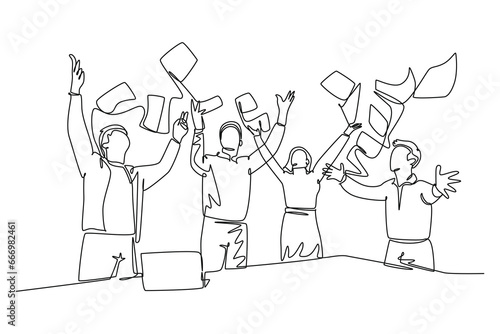 Single one line drawing young male and female stockbroker celebrate their success win on the stock exchange. Stock exchange business concept. Modern continuous line design graphic vector illustration
