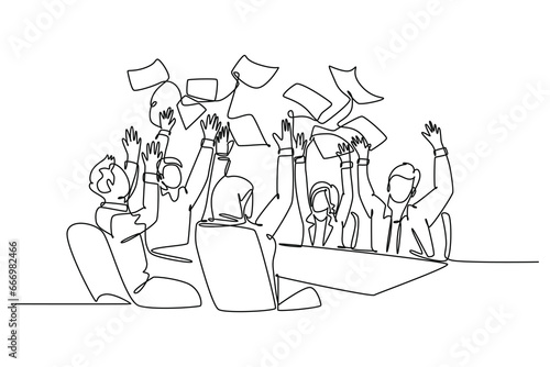 Single continuous line drawing of young male and female stockbroker celebrate their success win on the stock exchange. Stock exchange business concept. One line draw graphic design vector illustration