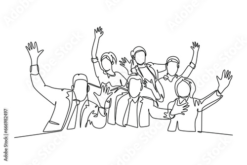 Single one line drawing of young happy business man and business woman celebrate their success to deal new business agreement. Business meeting. Continuous line draw design graphic vector illustration