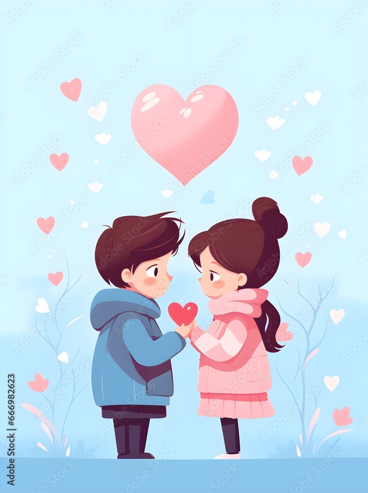 greeting card for Valentine's Day, Family Day, love, family and good relationship, heart. boy and girl illustration