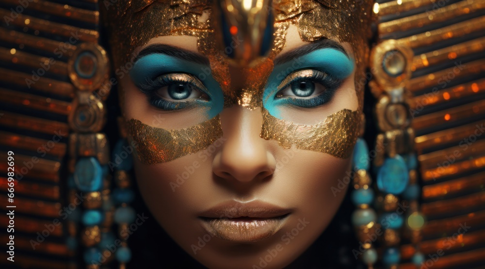 As the woman with piercing blue eyes donned her golden mask, her fluttering eyelashes and bold lipstick completed her stunning transformation, exuding a sense of mystery, glamour, and confidence
