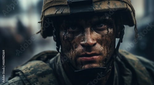 A rugged soldier  adorned with a helmet and a weathered expression  stands proudly in the great outdoors  his portrait a testament to bravery and sacrifice