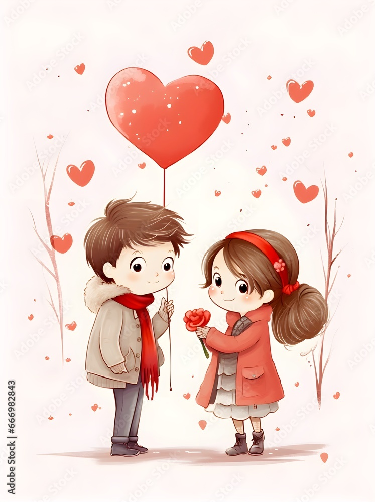 greeting card for Valentine's Day, Family Day, love, family and good relationship, heart. boy and girl illustration greeting card for Valentine's Day, Family Day, love, family and good relationship, heart. boy and girl illustration