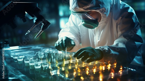 A doctor in a lab wearing a mask while analyzing virus samples, highlighting scientific expertise, health, and medical research. in dangerous situation