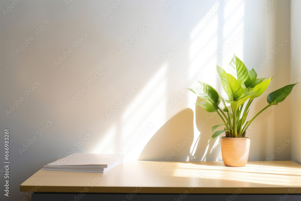 Green flower in a pot on a table in a modern room, bright interior lighting, space for text Green flower in a pot on a table in a modern room, bright interior lighting, space for text