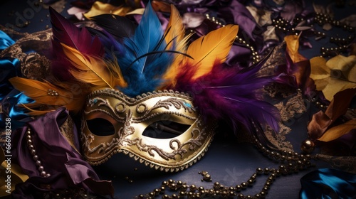 A border of elegant masquerade masks and feathers © Cloudyew