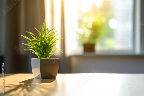 Green flower in a pot on a table in a modern room, bright interior lighting, space for text