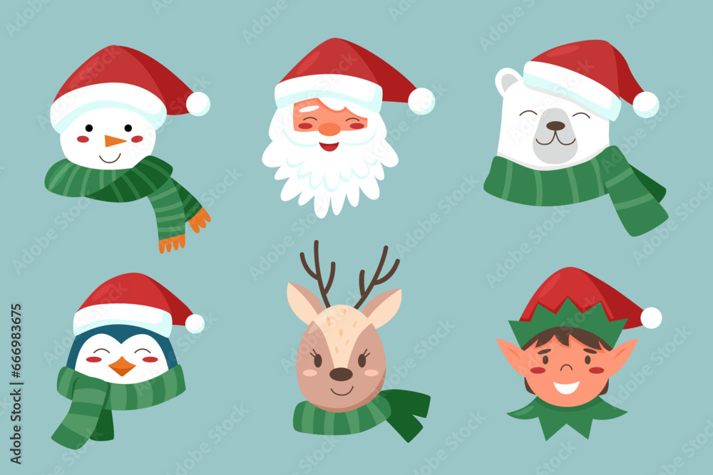 Set of Christmas character portraits. Santa Claus, elf, snowman, white bear, penguin, deer	
