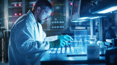 A close-up of a doctor in a lab examining virus samples and using scientific equipment for research and analysis.
