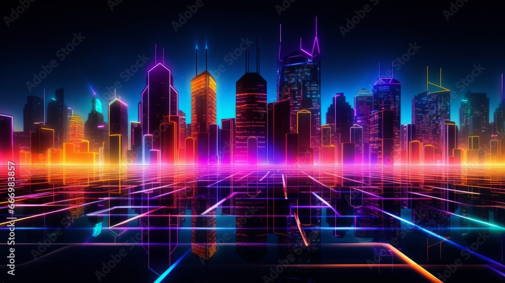 A border of abstract neon lights and cityscapes