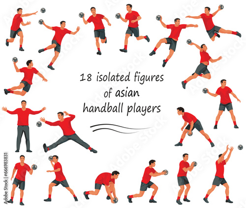 18 isolated figures of Asian handball players and goalkeepers in red t-shirts standing in the goal  running  throwing the ball  jumping