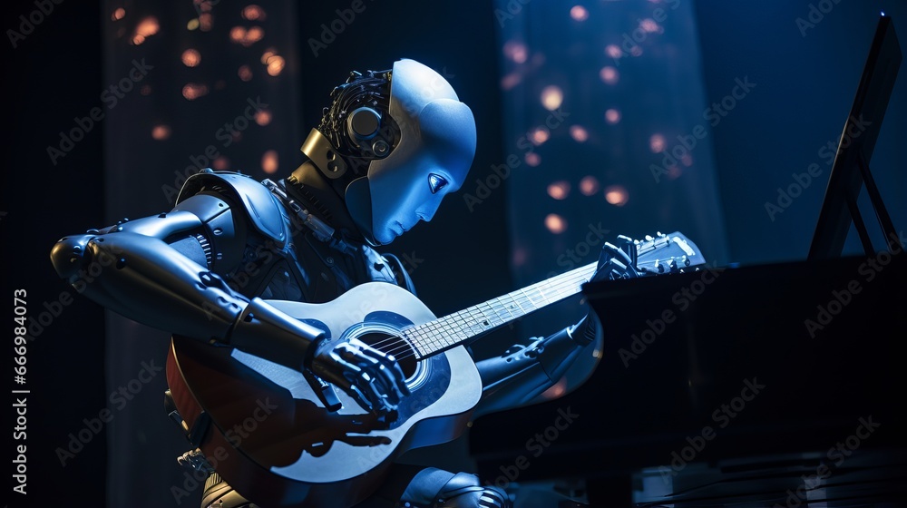 A robotic DJ performing music, emphasizing artificial intelligence (AI), acoustic guitar, and music production using futuristic technology. A robotic DJ performing music, emphasizing artificial intelligence (AI), acoustic guitar, and music production using futuristic technology.