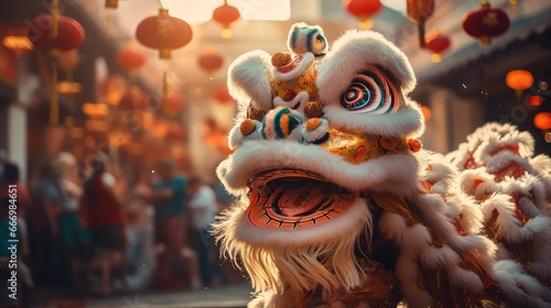 Lion dance street performance. Celebration of Chinese New Year Festival.