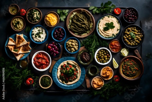 An overhead shot of a colorful spread of Turkish meze, featuring dishes like hummus, baba ghanoush, tabbouleh, and stuffed grape leaves, presented with pita bread, olives, and fresh herbs