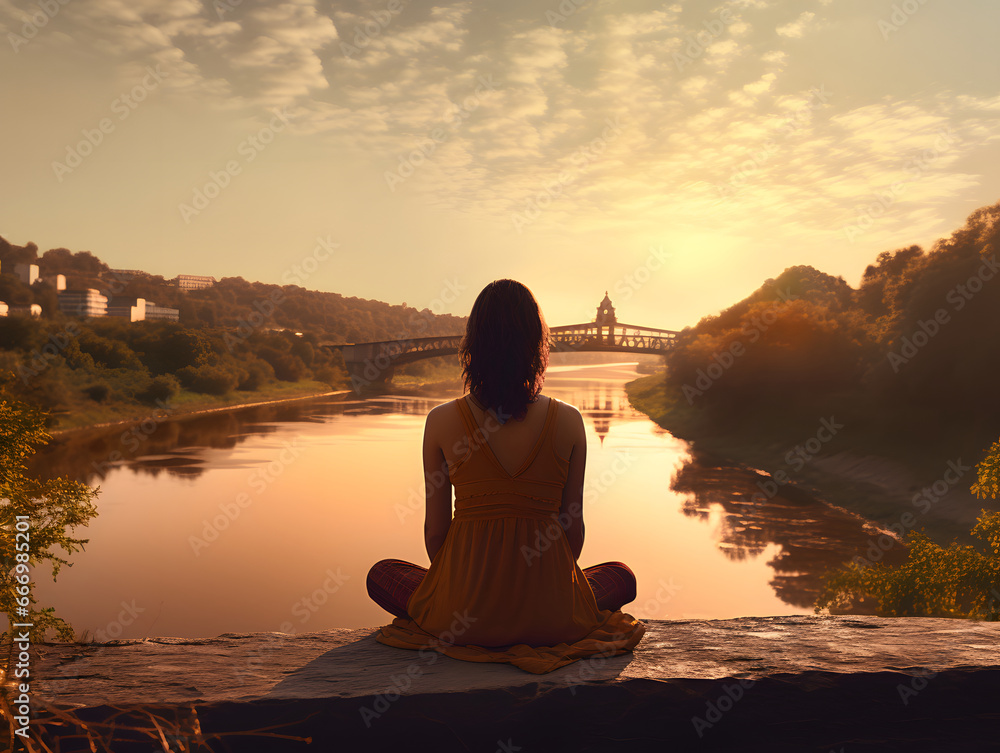 Woman in lotus position by the river against sunset