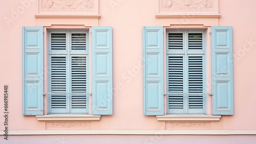 Window wooden shutters on pastel pink color painted wall