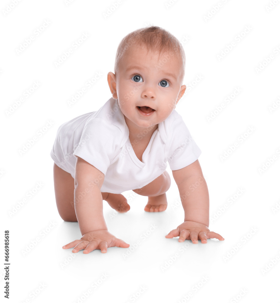 Cute little baby crawling on white background Cute little baby crawling on white background
