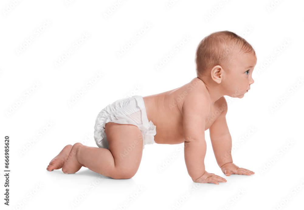 Cute little baby in diaper crawling on white background Cute little baby in diaper crawling on white background