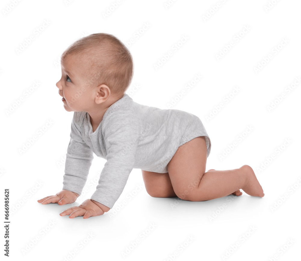 Cute little baby crawling on white background Cute little baby crawling on white background
