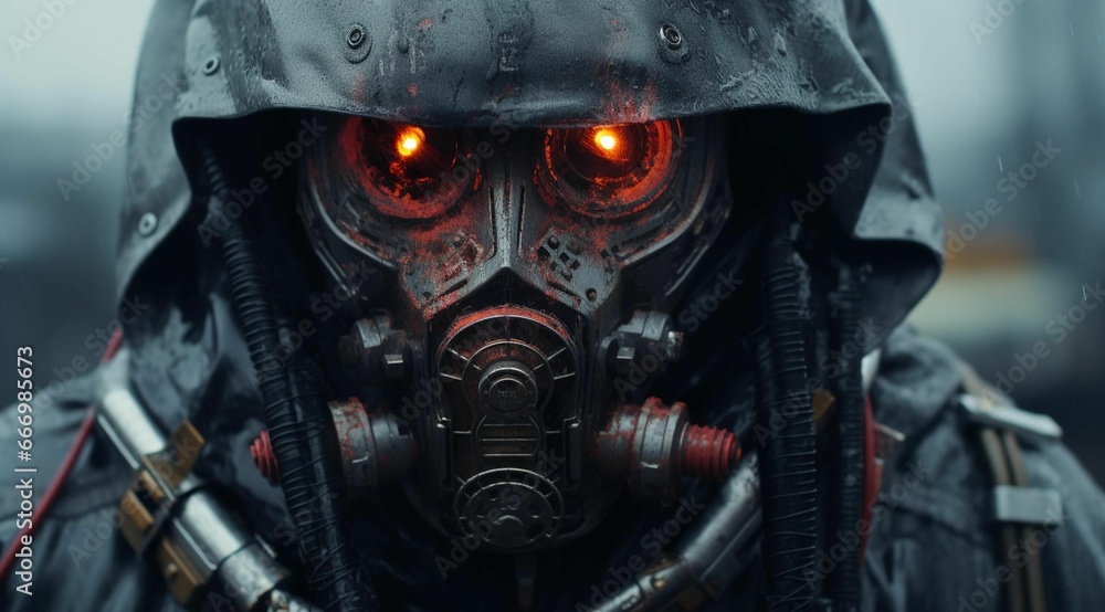 AI generated illustration of a dark hooded figure with a gas mask and glowing eyes AI generated illustration of a dark hooded figure with a gas mask and glowing eyes