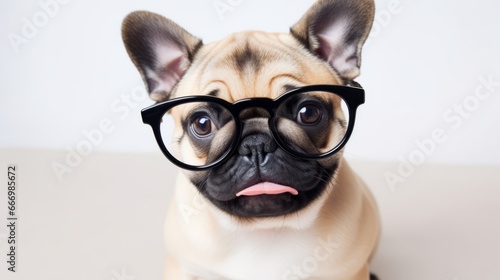 Close-up of a playful puppy wearing oversized glasses